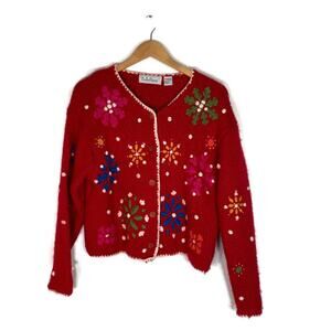 Vintage BellePointe Sz M Cardigan Sweater Short Red Snowflake Holiday Wool Mix